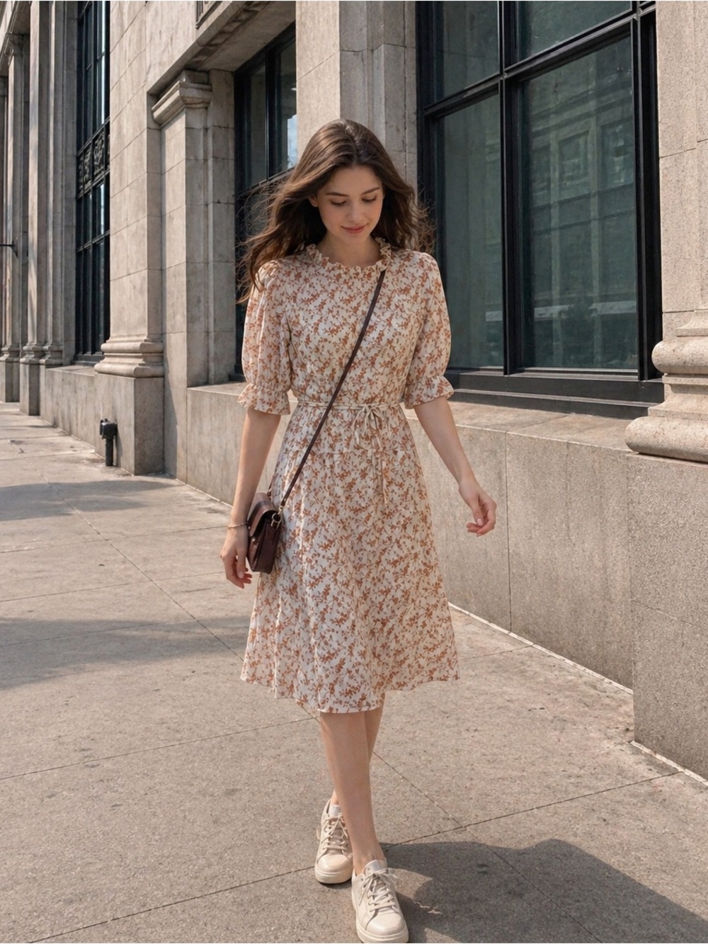 8 Seconds Floral Midi Dress Tie Waist Cream Brown Flow Casual S M